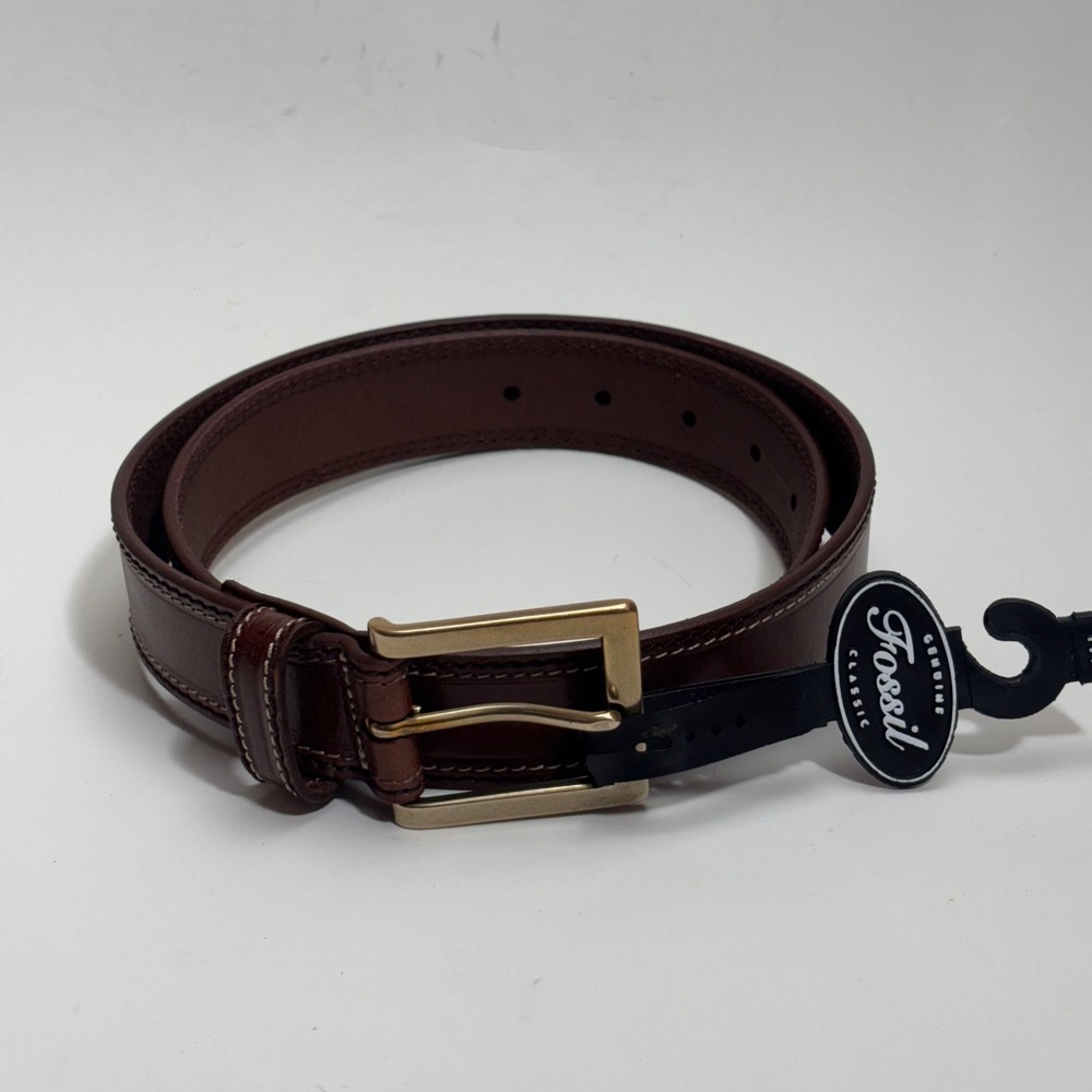 Fossil Classic Brown Leather Belt Brass Buckle Contrast Stitch Medium